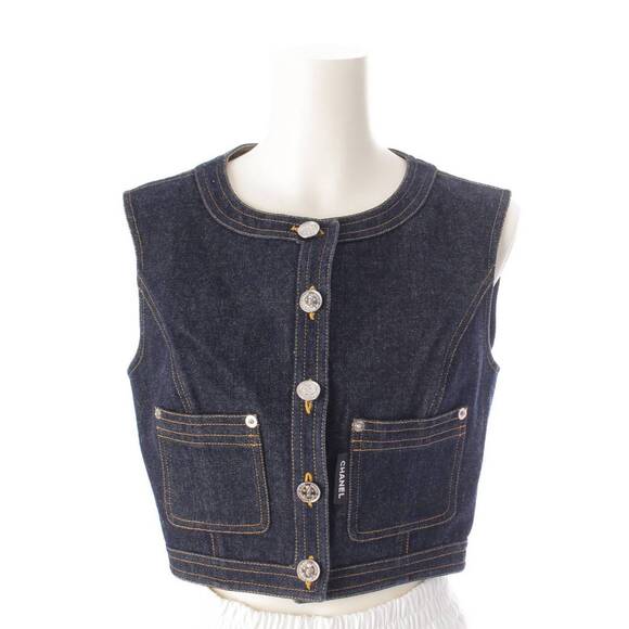 Authentic CHANEL CC 96P Vintage Denim Crop Top Vest Button Up - Picture 1 of 8
